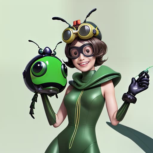  cute cartoon insect beetle character with a green body, big expressive eyes and a smile on his lips. on his head he has a huge brown helmet with goggles, giving him an adventurous look. the insect beetle stands confidently holding a blaster, he has graceful wings and long tendrils. the background is simple and bright inside the starship to emphasize the charm of the funny character with the weapon.