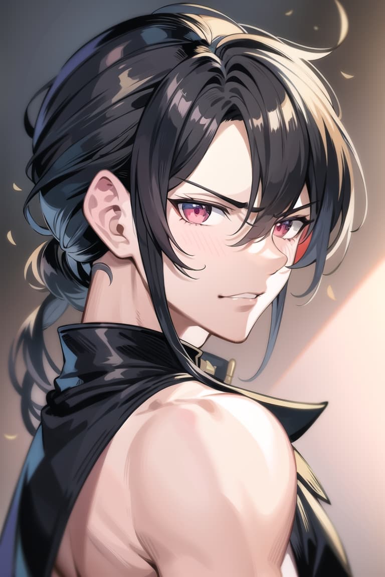  master piece , best quality,image/the character "felix" from the game fire emblem three houses.he is man. his hairstyle is a short black ponytail. he has red, slanted eyes. he has a furrowed brow, which makes him look a bit intimidating. he has his hair tied up high. he has wrinkles under his eyes.