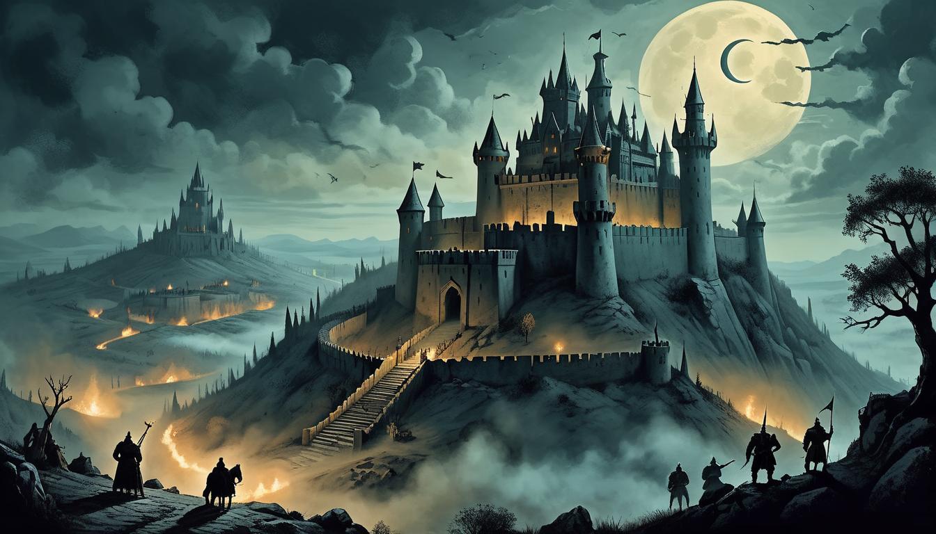  on parchment, surrealism+++, menacing fortress on a hilltop, glowing under a crescent moon, armies forming below, mood of defiance and looming conflict(mysterious, provocative, symbolic,muted color)+++