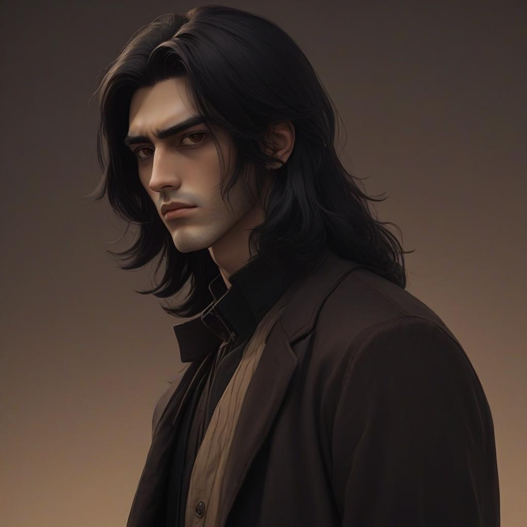  the image shows the character of a guy with long black hair and large brown eyes. the background of the picture is made in warm, neutral colors, which creates a contrast with the dark clothes of the character. the facial expression looks serious and thoughtful, which gives it character and depth. the image style resembles pixel or cartoon graphics, which adds an element of playfulness.