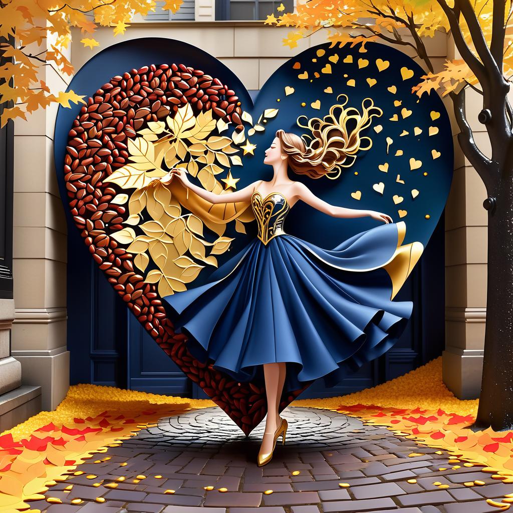  luxury product style on a carpet of yellow leaves in a simple dress of wind given crepe autumn danced a waltz boston in an alleyway. the warm day flew away and the saxophone sang hoarsely. (background of the card): falling autumn leaves, a whirlwind of autumn leaves, wind saxophone, ((a box of chocolates, the inscription "autumn waltz")) , a greeting card. (heart), a beautiful figure made of contours in the shape of a heart. (heart colour): night sky background, stars, gold pattern. (style):fantasy, autumn art, autumn romance. (colours):gold, green gold, navy blue, red, red gold, brown gold, silver, golden blue, bluish blue, dark blue on gold . elegant, sophisticated, high end, luxurious, professional, highly detailed