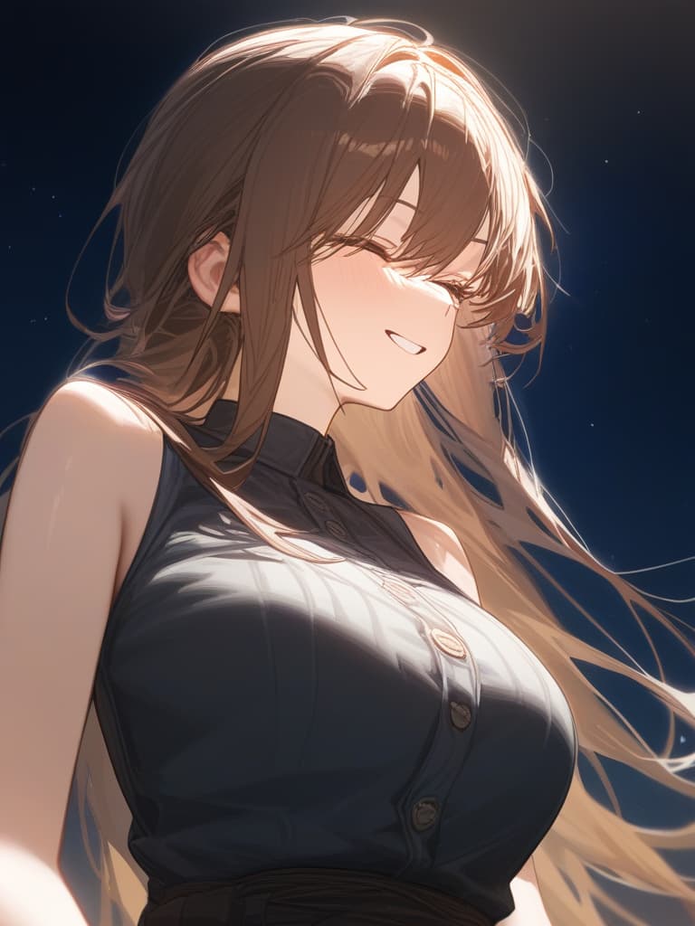  a girl who is laughing at me, bright brown hair, long hair, transparent fleeting, facing here, laughing, under the starry sky, facing here, i am looking at me, wearing a dough cardigan from the top of a black sleeveless, up from the waist, masterpiece, best quality,8k,ultra detailed,high resolution,an extremely delicate and beautiful,hyper detail