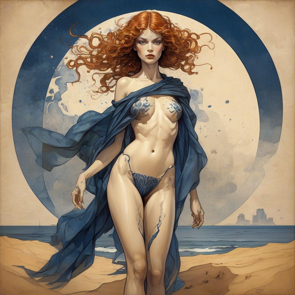  concept art mucha paint a beautiful woman in sand desert stormy, watercolor and ink imperial colors, art deco by annigoni, egon schiele, milo manara, botticelli, catrin welz stein, jean metzinger, klimt, perfect eyes, perfect handsface, highly detailed, splatter, dynamic pose, dark blue background . digital artwork, illustrative, painterly, matte painting, highly detailed