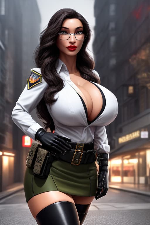  Gal Gadot , best quality, uniform, thigh holster, military uniform, short skirt, leather skirt, glasses, gloves, stockings, krag jorgensen, green skirt, military, bandages, long hair, wavy hair, braless, deep cleavage, nipple, belly button, huge breasts, military operator, watch, military boots, holster, green eyes, carmin red lips, masterpiece, face view, butt, hyperrealistic, full body, detailed clothing, highly detailed, cinematic lighting, stunningly beautiful, intricate, sharp focus, f/1. 8, 85mm, (centered image composition), (professionally color graded), ((bright soft diffused light)), volumetric fog, trending on instagram, trending on tumblr, HDR 4K, 8K