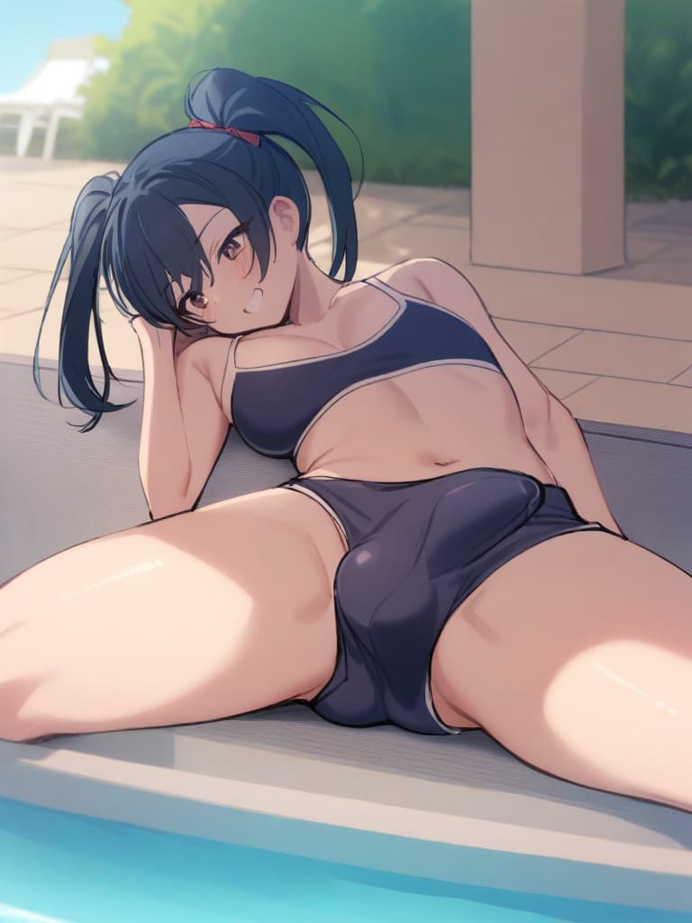  women's elementary students (male), twin tails, cute smiles, rich s, low stature, dark blue swimwear, old swimwear, , simple, , (bulge), male (bulging), front, whole body, pool side,