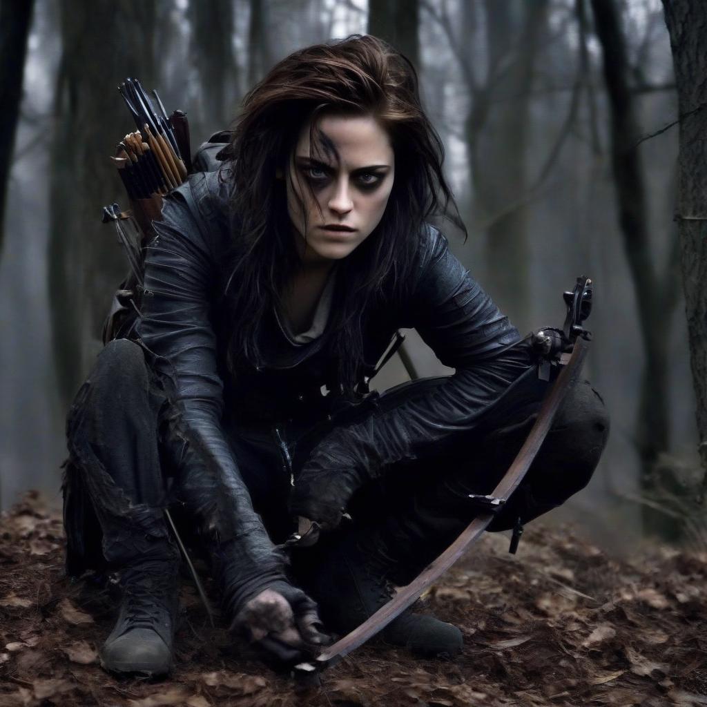  macabre style kristen stewart as a full length crossbow thief. . dark, gothic, grim, haunting, highly detailed, perfecteyes, perfect hands