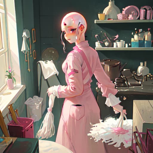  Lady with bald pink hair cleaning a house