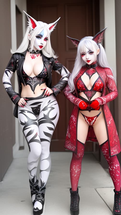  White and red bat pattern body paint in every corner of the body, silver body paint all over the body, Grey face paint on the face, Two dark elfs, full body image 女性