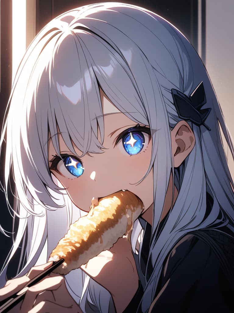  ((tendon,eating tendon,sparkling eyes,cute,stuffing tendon into one's mouth,big tendon,cute,beautiful girl,white hair,blue eyes,long hair,black hairpin,chopsticks,))、ultra detailed,best shadow,cute and beautiful face,(masterpiece:1.2),(best quality:1.2),detailed background,high contrast,(best illumination,an extremely delicate and beautiful),((cinematic light)),hyper detail,dramatic light,intricate details,8k,anime,very aesthetic