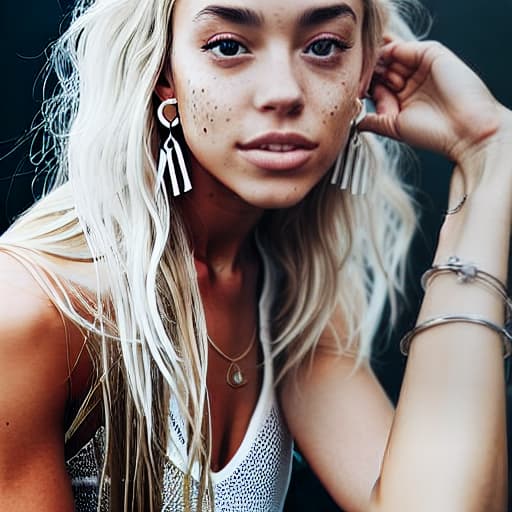  Charly Jordan, a close up of a woman with a white tank top and earrings, white tank top, white halter top, young woman, white long tanktop, broad, beautiful young woman, with dyed hair, beauty mark on cheek, beautiful , a gorgeous , with freckles, cute freckles, wearing a low cut tanktop, beautiful woman