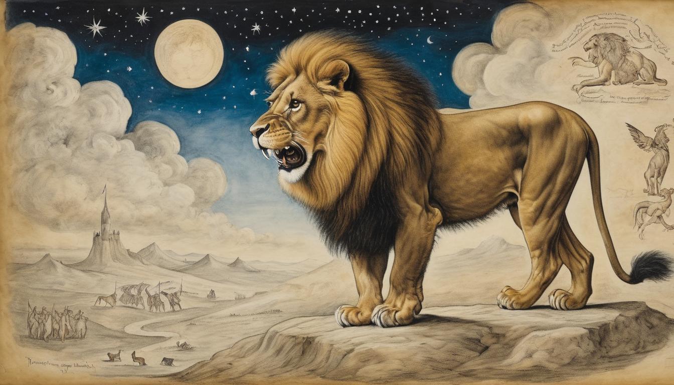  on parchment, surrealism++, a lion's roar beneath a night sky, overshadowing whispers in the wind, formidable, commanding, triumphant(mysterious, provocative, symbolic)++