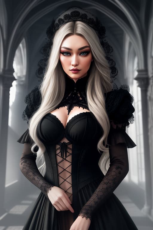  dark castle, gigi hadid with white long hair and green eyes, in a black soft dress, in the center, in a gothic style hyperrealistic, full body, detailed clothing, highly detailed, cinematic lighting, stunningly beautiful, intricate, sharp focus, f/1. 8, 85mm, (centered image composition), (professionally color graded), ((bright soft diffused light)), volumetric fog, trending on instagram, trending on tumblr, HDR 4K, 8K