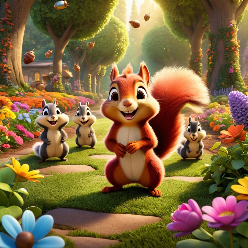  in 3d animated movie style. disney pixar style. sparky the squirrel leads hammad, racer, and flutter through a garden filled with acorns, emphasizing teamwork and laughter. lively garden with colorful flowers and tall trees, scattered acorns, obstacles. high resolution pixar 3d animated film style. detailed characters and environment, bright, soft lights, warm colors for a cheerful, playful atmosphere. low angle to highlight character interactions with the environment, teamwork, progress.