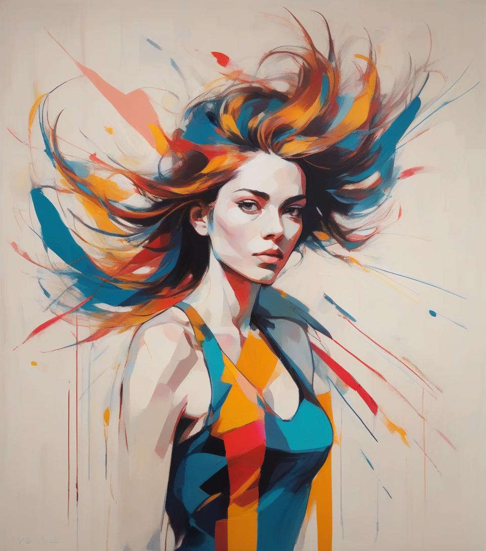  portrait of a woman, upperbody, minimalist, with dynamic movement and bold colors, by vovin,trendy art market