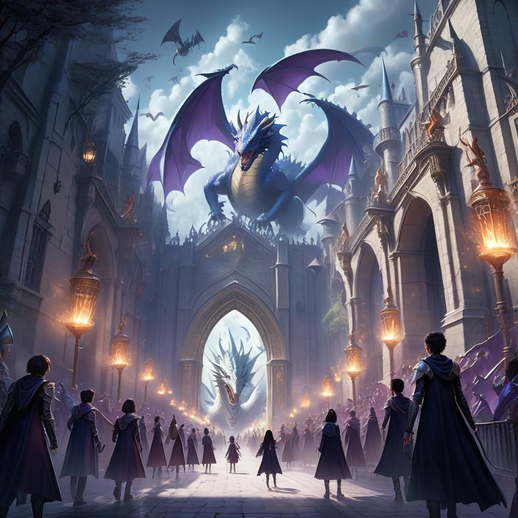  a huge school of magic and magic in light colors, around a magical barrier, flying wyverns and dragons, the main gate includes students, a gloomy atmosphere