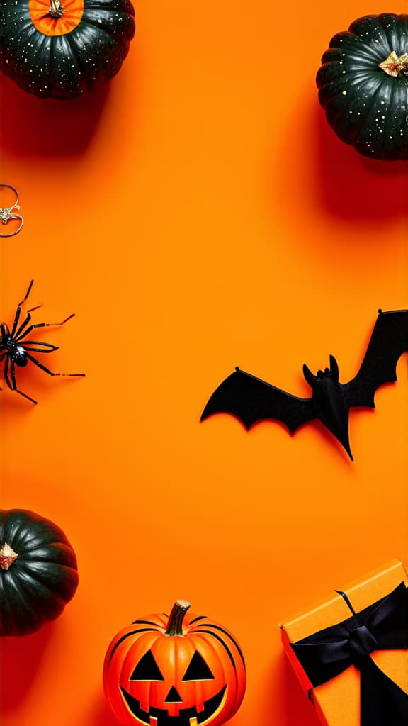  happy halloween holiday greeting card background. flat lay gift boxes, set of halloween symbols spiders, bats, pumpkin, party decorations on orange background ar 9:16 {prompt}, maximum details