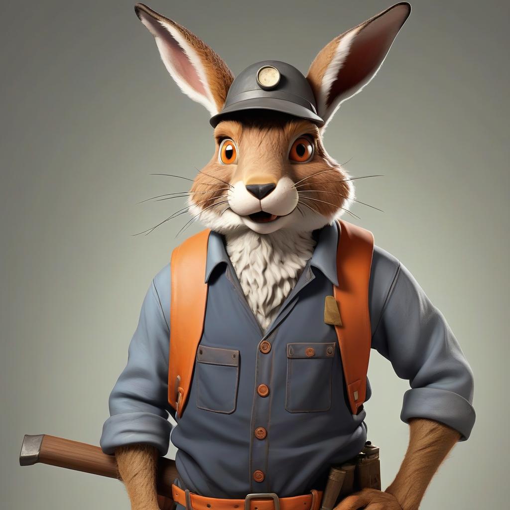  cross between hare and fox, dressed as a miner, one man