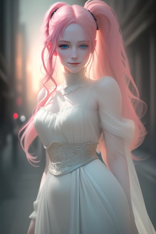  girl, pink hair, two ponytails, bright blue eyes, very pale skin, white long dress , full length ,city, scarlet moon, gloomy , dark night, 4k, detailed drawing, hyperdetalization, realism, beautiful, fantasy, photorealistic, hyperrealistic, hyperdetailed, analog style, demure, detailed skin, pores, smirk, smiling eyes, matte skin, soft lighting, subsurface scattering, realistic, heavy shadow, masterpiece, best quality, ultra realistic, 8k, golden ratio, intricate, high detail, film photography, soft focus