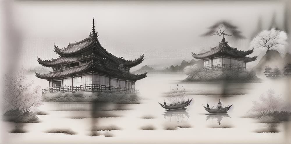  guofeng, chinese landscape painting, chinese architecture, cloud, vision, bridge, no human, no human,