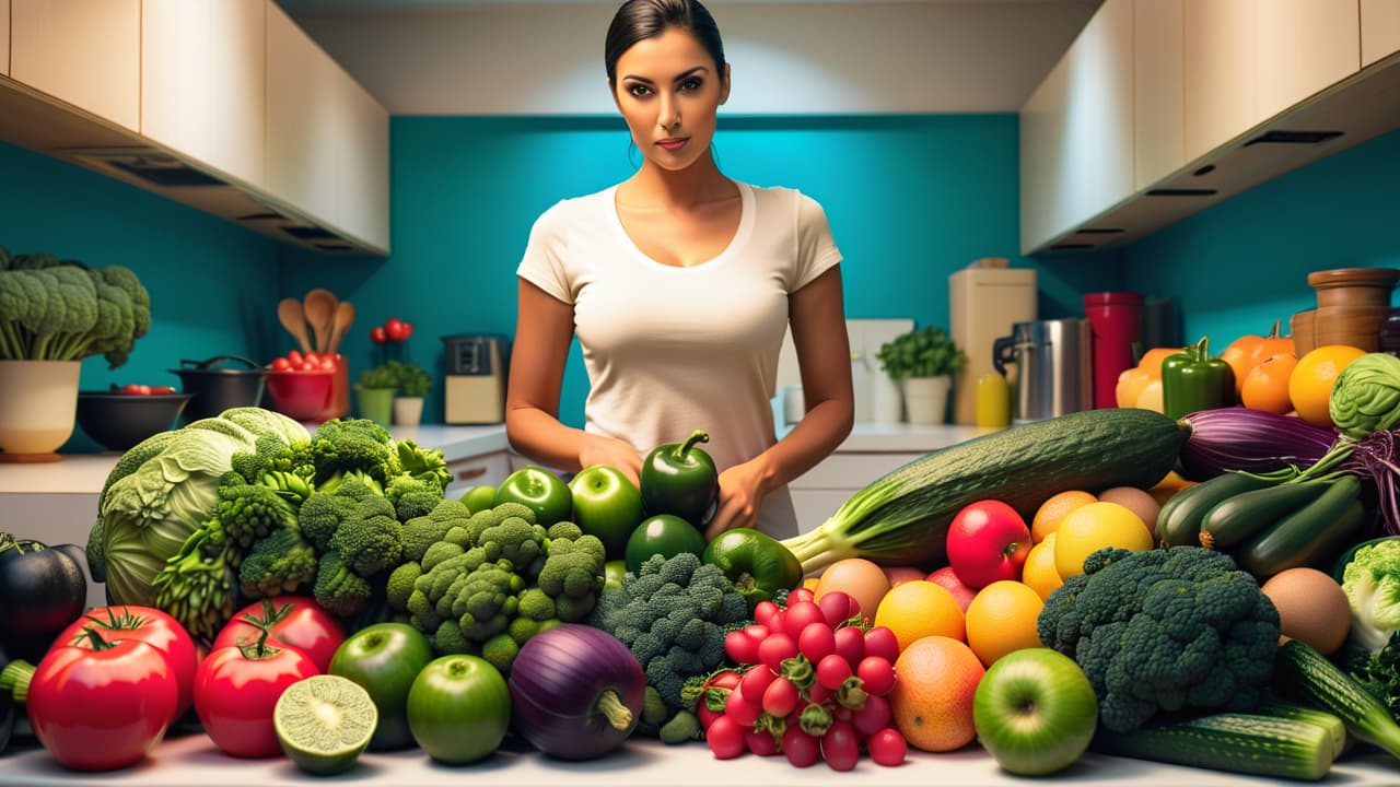  a vibrant kitchen counter filled with colorful fruits and vegetables, juxtaposed with a stark contrast of forbidden foods like dairy products, eggs, and meat, all artfully arranged to highlight the vegan restrictions. hyperrealistic, full body, detailed clothing, highly detailed, cinematic lighting, stunningly beautiful, intricate, sharp focus, f/1. 8, 85mm, (centered image composition), (professionally color graded), ((bright soft diffused light)), volumetric fog, trending on instagram, trending on tumblr, HDR 4K, 8K