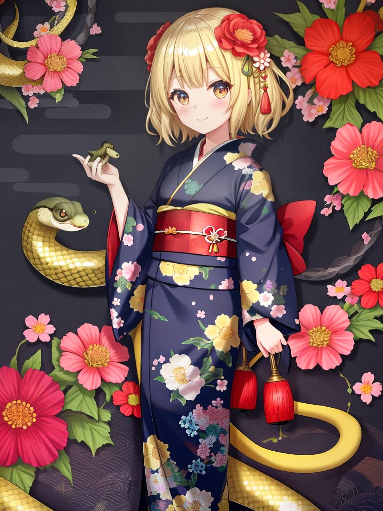  kimono,girls,snake,background flowers,big eyes,cute