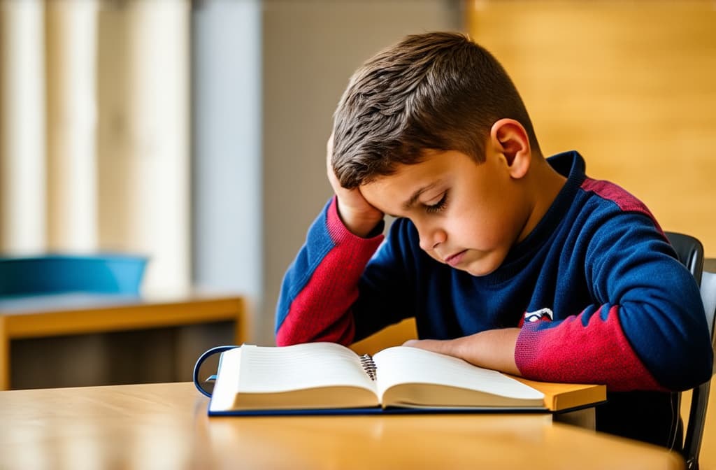  a primary school child sits at a table in front of a notebook and holds his head, tired of studying ar 3:2, (natural skin texture), highly detailed face, depth of field, hyperrealism, soft light, muted colors