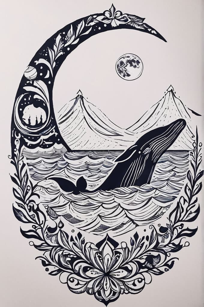  cool design whale tale with some ocean water. with the moon. show virgo starts . desig must be fine lines. , (tattoo sketch:1.25), drawing