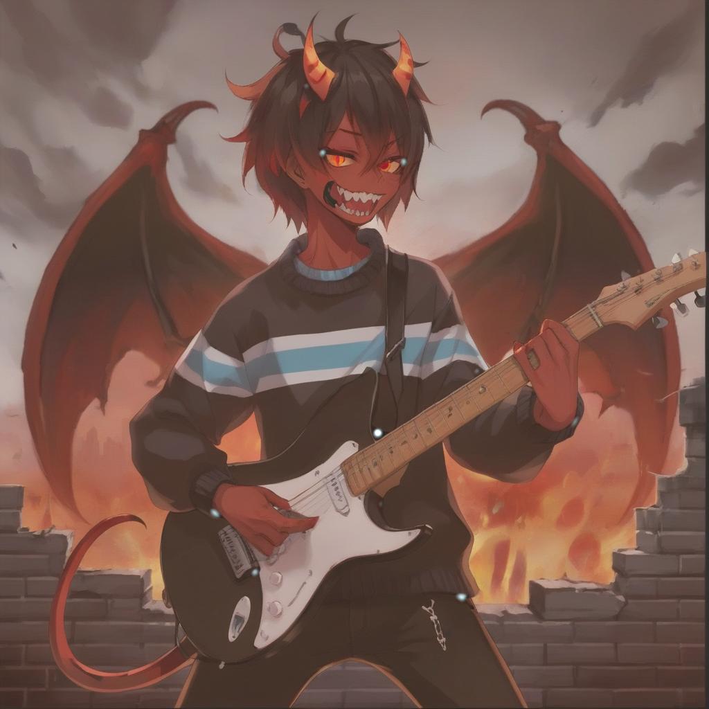  anime artwork demonic tall young man with dark red skin, has black eyes with red glowing pupils and crazy look, with pointy red horns, playing a black and red electric guitar, he has black short hair and an evil smile with sharp yellow teeth, he is wearing a black sweater with light blue stripes and black pants, behind him a fiery background with a ruined grey brick wall. . anime style, key visual, vibrant, studio anime, highly detailed