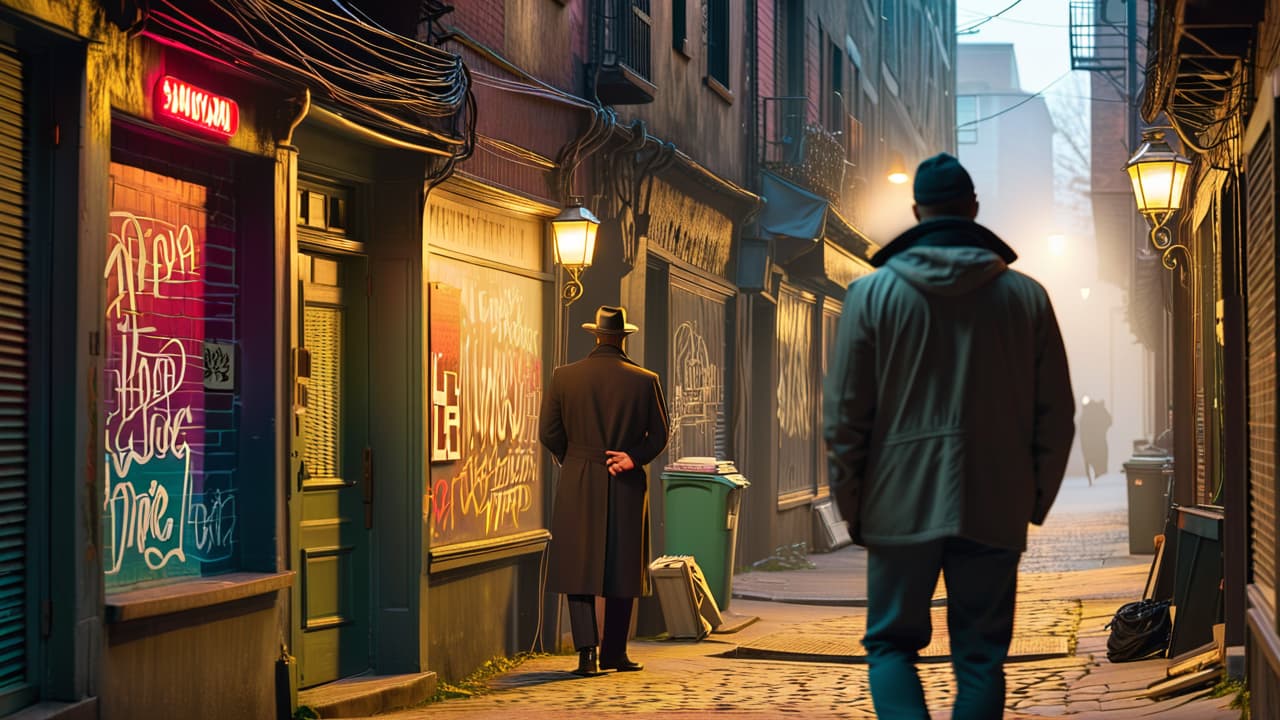  a dimly lit urban alley with shadowy figures whispering tales, surrounded by graffiti covered walls depicting famous urban legends, while flickering streetlights illuminate piles of old newspapers and flyers featuring mysterious events. hyperrealistic, full body, detailed clothing, highly detailed, cinematic lighting, stunningly beautiful, intricate, sharp focus, f/1. 8, 85mm, (centered image composition), (professionally color graded), ((bright soft diffused light)), volumetric fog, trending on instagram, trending on tumblr, HDR 4K, 8K