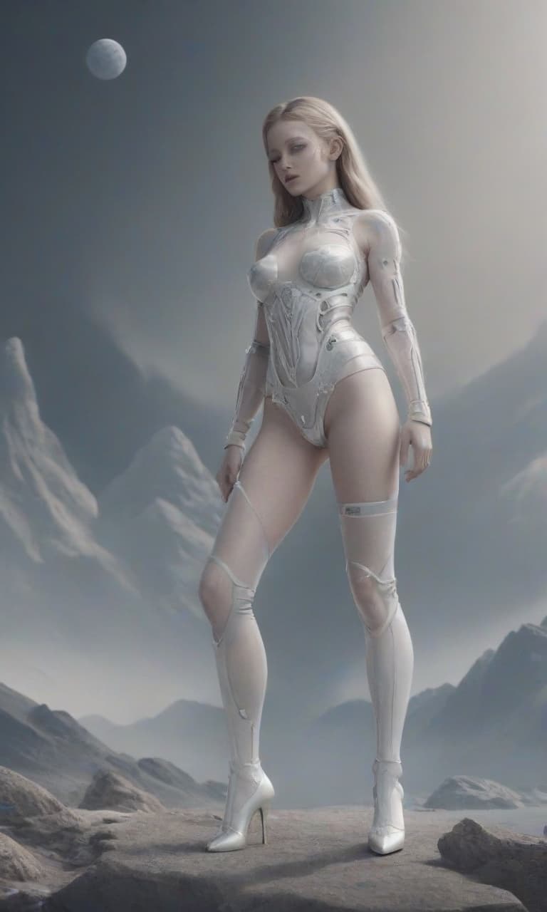  cybernetic style full growth photo studio. realistic image. lunar landscape, in body fully mesh transparent in full growth, feet, sapphires, stockings above the are visible. magician. gloss of the body. gaze , dynamic posture ((full shot)), young , big s, white stockings, long hair, open eyes, full height, boots, belts, concept art, (( full height )), the whole body in the frame, (s) . futuristic, technological, cybernetic enhancements, robotics, artificial intelligence themes, film photography style, logo