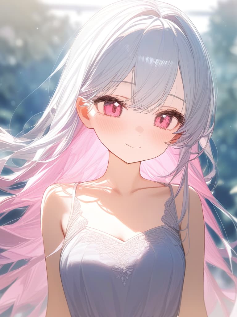  girls, white hair, pink, pink gradation hair color, cute face, pink eye, dress, straight hair, thin body, collarbone, masterpiece, best quality,8k,ultra detailed,high resolution,an extremely delicate and beautiful,hyper detail