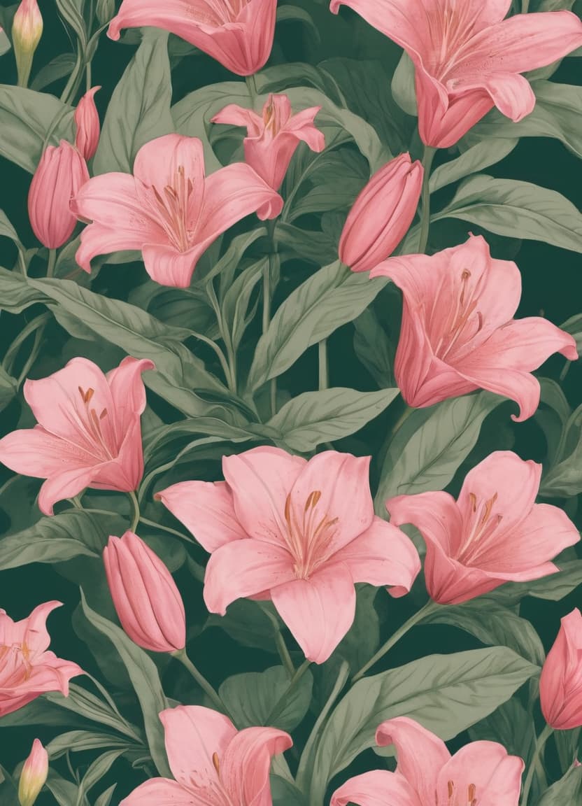  minimalism, the images features individual pink lilies and leaves, each illustrated with fine detail, highlighting their unique textures and curvature. the flowers and leaves vary. each plant carries its own distinct form, emphasizing their organic and fluid shapes., abstract, simple geometic shapes, hard edges, sleek contours, minimalism