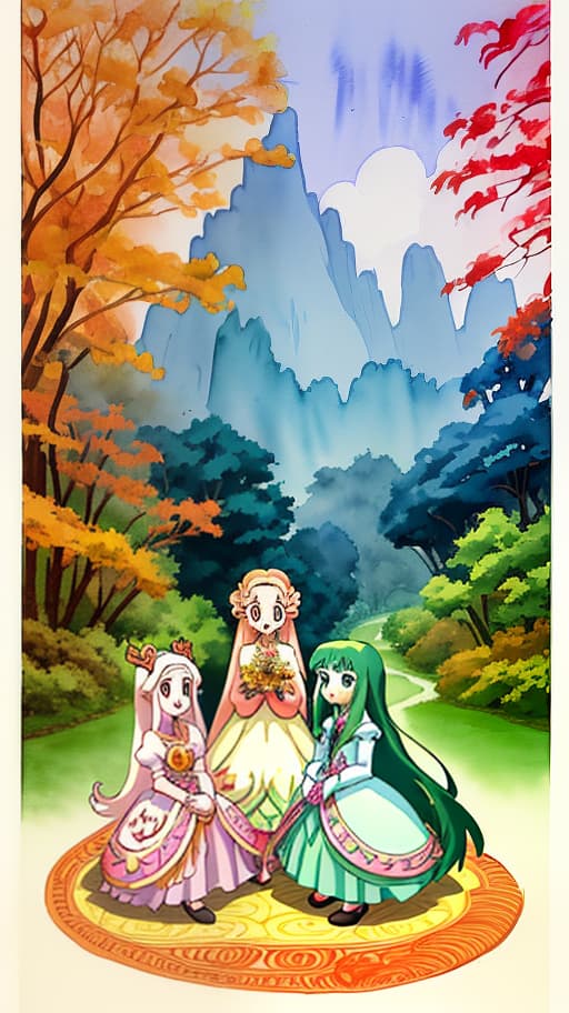  3 girls with faces in anime style, in elegant dresses, with long hair. autumn background. the background is wide., cute, funny, centered, award winning watercolor pen illustration, detailed, disney, isometric illustration, drawing, by stephen hillenburg, matt groening, albert uderzo