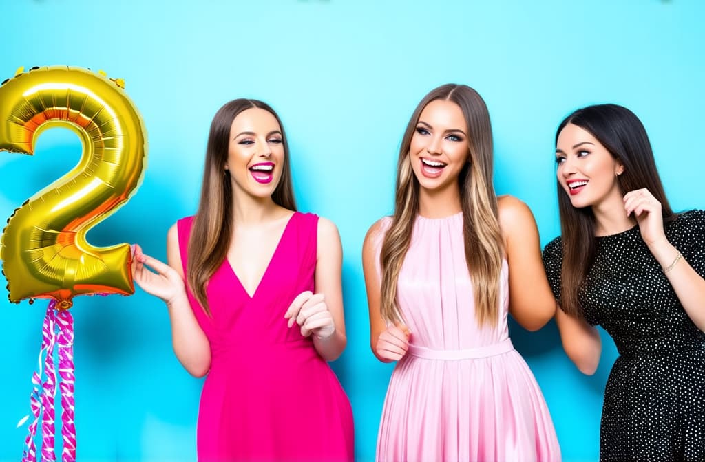  4 smiling cute young beautiful women in stylish party dresses holding foil balloons in the form of numbers "2025" on a light blue background ar 3:2 {prompt}, maximum details