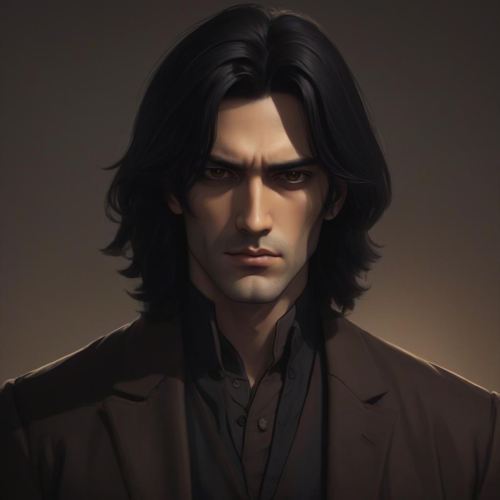  the image shows the character of a man with long black hair and large brown eyes. the background of the picture is made in warm, neutral colors, which creates a contrast with the dark clothes of the character. the facial expression looks serious and thoughtful, which gives it character and depth. the image style resembles pixel or cartoon graphics, which adds an element of playfulness.