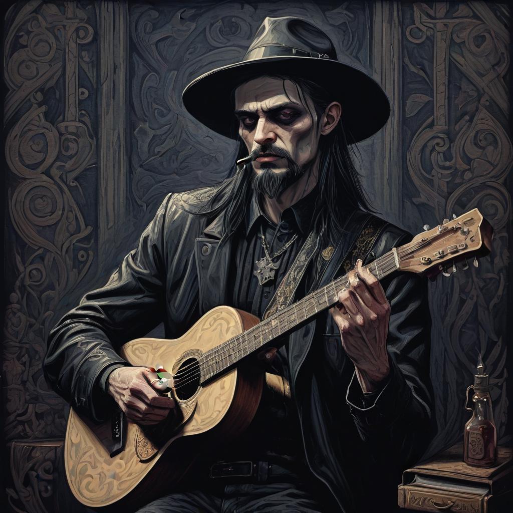  gothic style oil painting. a brutal slavic man in a hat plays the guitar. comic book style. thick and thin lines. . dark, mysterious, haunting, dramatic, ornate, detailed