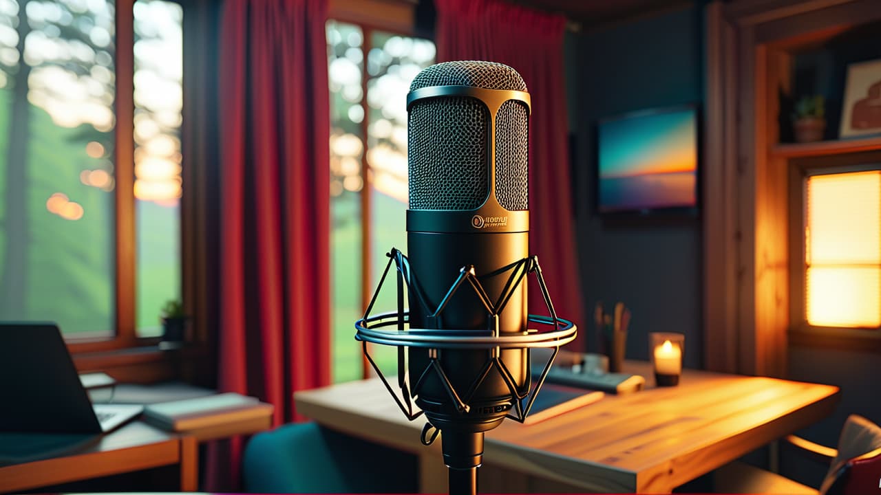  a sleek podcasting setup featuring a high quality microphone, headphones, audio interface, laptop with editing software open, soundproofing panels, and colorful acoustic foam, all arranged in a cozy, well lit studio environment. hyperrealistic, full body, detailed clothing, highly detailed, cinematic lighting, stunningly beautiful, intricate, sharp focus, f/1. 8, 85mm, (centered image composition), (professionally color graded), ((bright soft diffused light)), volumetric fog, trending on instagram, trending on tumblr, HDR 4K, 8K