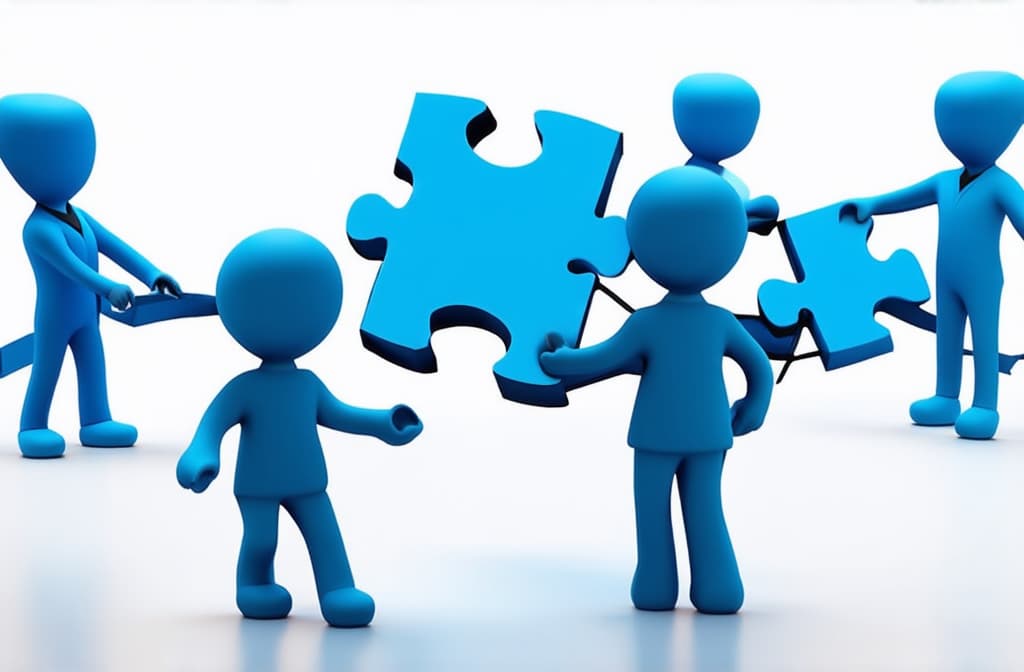  people connecting puzzle pieces. 3d illustration. cartoon characters. business teamwork concept on white background ar 3:2 {prompt}, maximum details