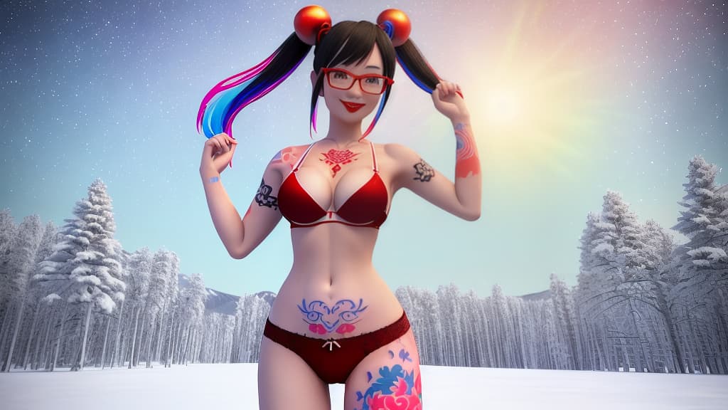  3D render of a Thai woman standing in a snow covearea, smile, black ponytail with twintails, breasts, lipstick, (white+red bra and G-String:1.3), sky, optic glasses, tree, (colorful tattoos:1.35), starry sky, Christmas, sexy pose
