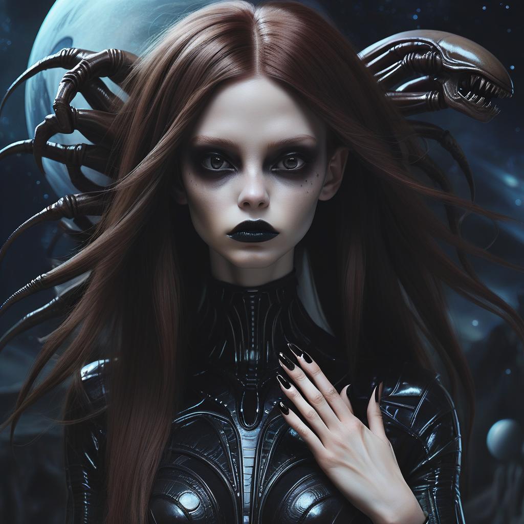  alien themed girl, gothic, long brown hair, long black sharp nails . extraterrestrial, cosmic, otherworldly, mysterious, sci fi, highly detailed