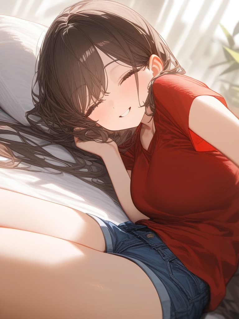  sleep on brown haired girls, smiles, red t shirts, denim shorts, beds, masterpiece, best quality,8k,ultra detailed,high resolution,an extremely delicate and beautiful,hyper detail