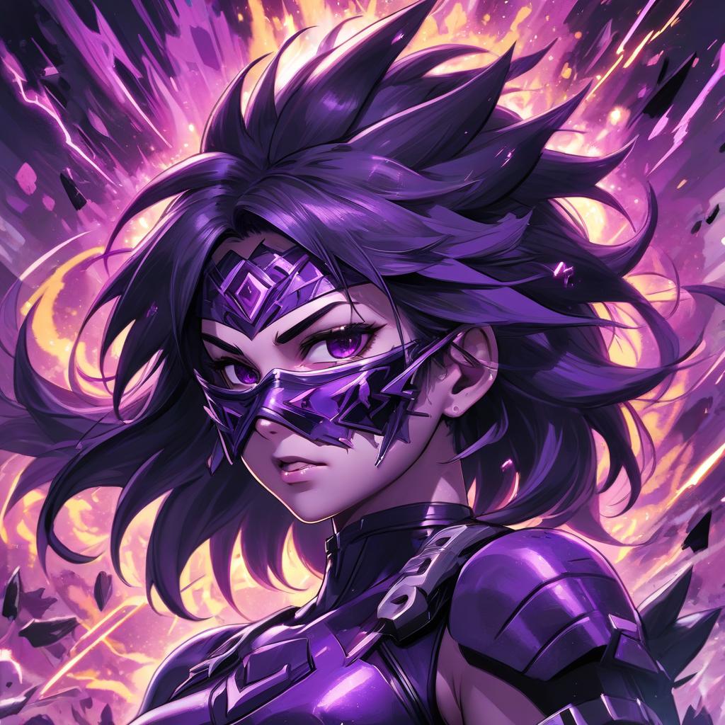  a close up of a person wearing a mask, fractal thunder dan mumford, dramatic purple thunders, chiaroscuro anime key visual, spectacular splatter explosion, anime digital art, anger + wrath, incredible movie poster, alluring mesmer woman, splashes of neon, akira, wild spiky black saiyan hair