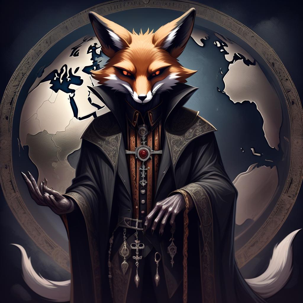  macabre style draw the anthropomorphic fox of the god of death against the background of the world of the dead . dark, gothic, grim, haunting, highly detailed