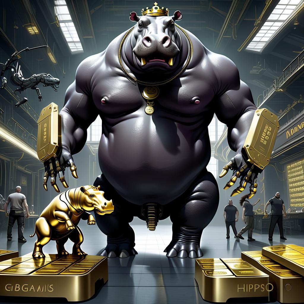  biomechanical cyberpunk the image is a picture for the avatar. in the foreground, a hippopotamus standing on its hind legs. it has one mechanical paw made of platinum parts. on his head is a gold, small, minimalist crown. the hippo is dressed in black strict pants and without a t shirt. in the hands of a bulgarian with a large gold disc. running behemoth stands in half a turn and smiles aggressively. in front of the hippopotamus is a table on which lie an open case with money and gold bars. the background is a large hangar. there's no one in the background. on the wall is written in large letters: "gm" in gold 3d letters. semi realistic fantasy style . cybernetics, human machine fusion, dystopian, organic meets artificial, dark, intricate, 