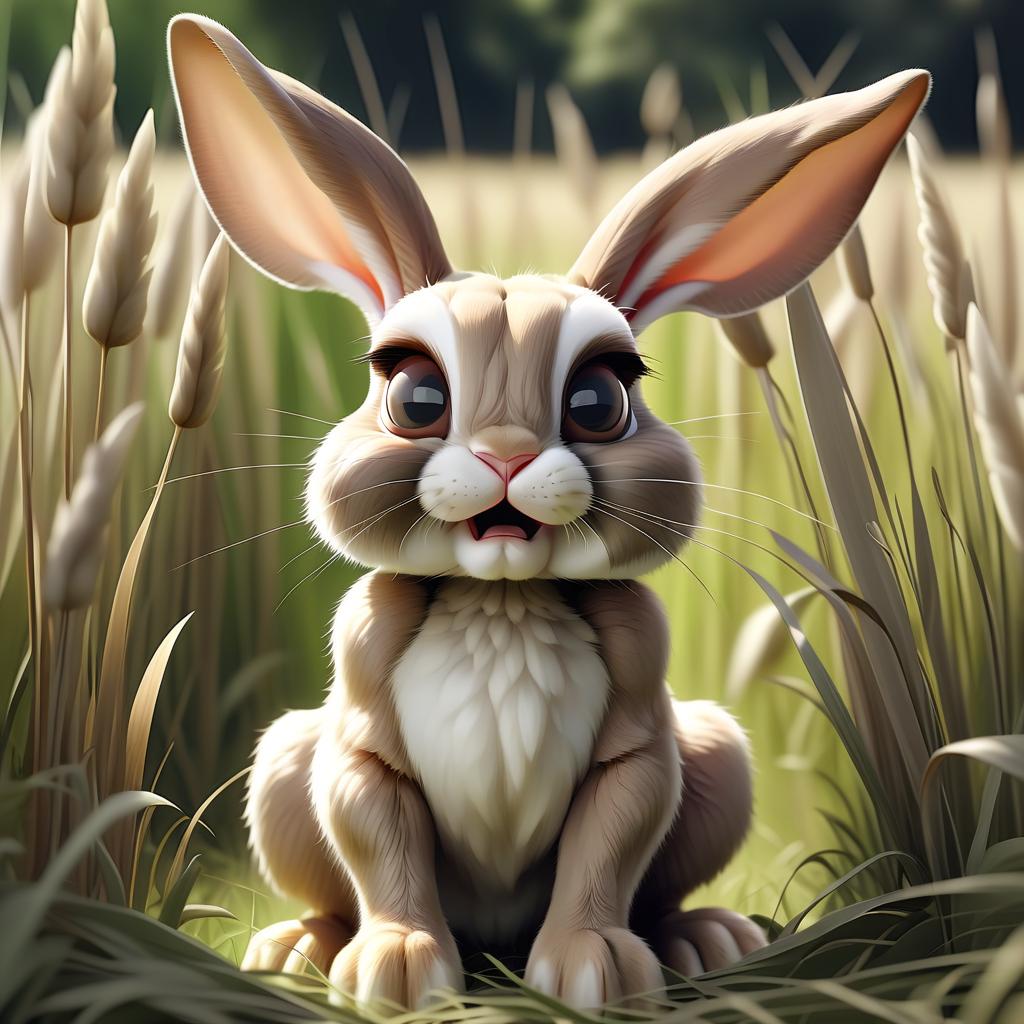  a curious rabbit with incredibly large ears is sitting in the middle of a field with tall grass. one ear is raised. the tall grass around him is bent by the wind