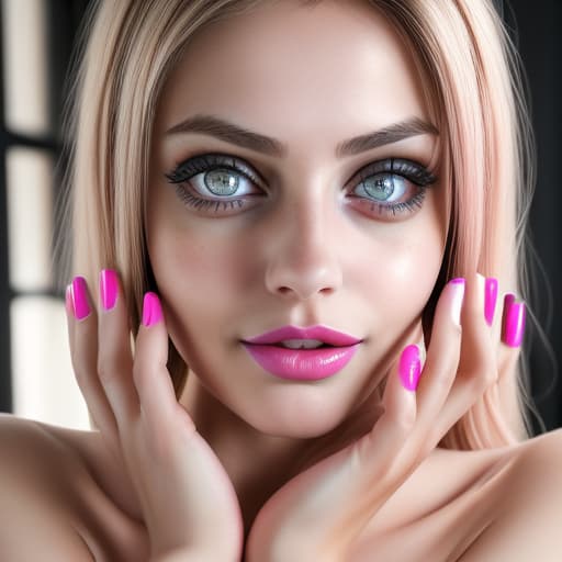  (--Style Photoralism, 16k) arafed woman with a pink lip and a pink manicure, 5 0 0 px models, big eyes, eyes and face, very detailed stunning deep eyes, 2 old female model, nubile body, friendly smile, hot , beautiful feminine face, ! eyes and face!, camisole, aenami alena