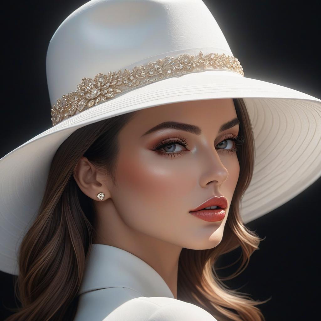  line art drawing close up of a woman in a white hat, on a dark background, vector graphics, author kuno veeber, computer graphics are on trend, digital art, laurie earley, beautiful kiss, elegant oil painting, parted lips, stunning, 1024 pixel profile photo, glamorous . professional, sleek, modern, minimalist, graphic, line art, vector graphics hyperrealistic, full body, detailed clothing, highly detailed, cinematic lighting, stunningly beautiful, intricate, sharp focus, f/1. 8, 85mm, (centered image composition), (professionally color graded), ((bright soft diffused light)), volumetric fog, trending on instagram, trending on tumblr, HDR 4K, 8K