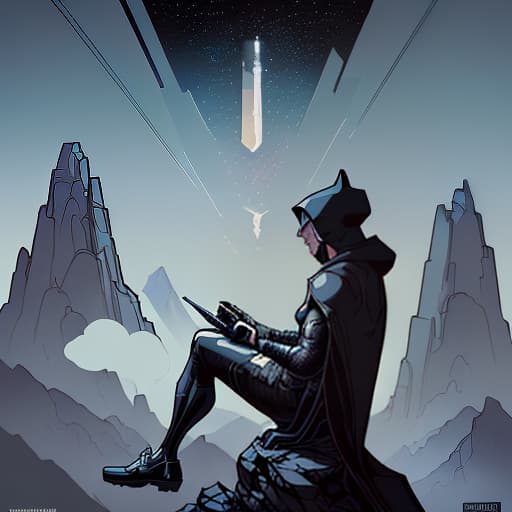  a man sitting on the edge of a mountain, a man in a black cape in a hood, vast space, meteorites, indie game art, (vector art, borderlands style, arcane style, cartoon style), line art, disctinct features, hand drawn, technical illustration, graphic design, vector graphics, high contrast, precision artwork, linear compositions, scalable artwork, digital art, cinematic sensual, sharp focus, humorous illustration, big depth of field, masterpiece, trending on artstation, vivid colors, trending on artstation, trending on cgsociety, intricate, low detail, dramatic