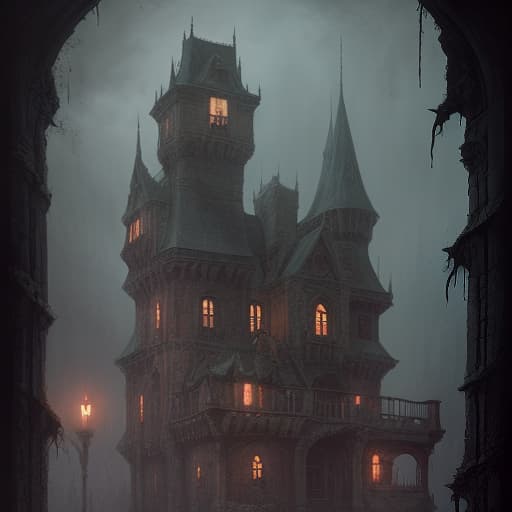  a gloomy old castle with an unexpected non obvious horror scene that is not immediately noticeable (for example, in the far window of the eye), dark , creepy , blood , monsters , by jason engle , carlos huante , charlie bowater , simon lee , brom