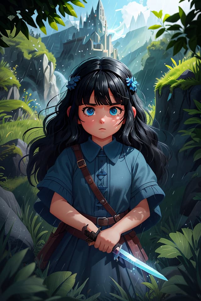  a fantasy book cower where we can see a black haired girl on the top of a hill so far away who has a sword in her hand and she has blue clotes. her bangs are blue. we cant see her face, because there are so many shadows. its raining in the picture. theres no title in the book cower., hq, hightly detailed, 4k